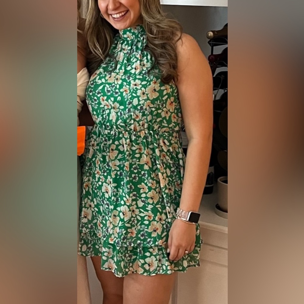 High Neck Green Floral Dress
